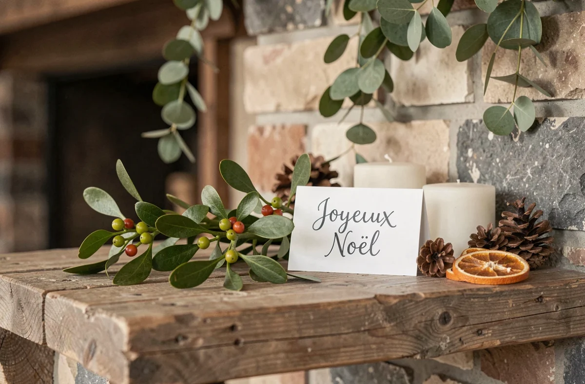 Décoration de Noël avec des brins de gui frais, des pommes de pin et des bougies blanches posés sur un manteau de cheminée en bois rustique