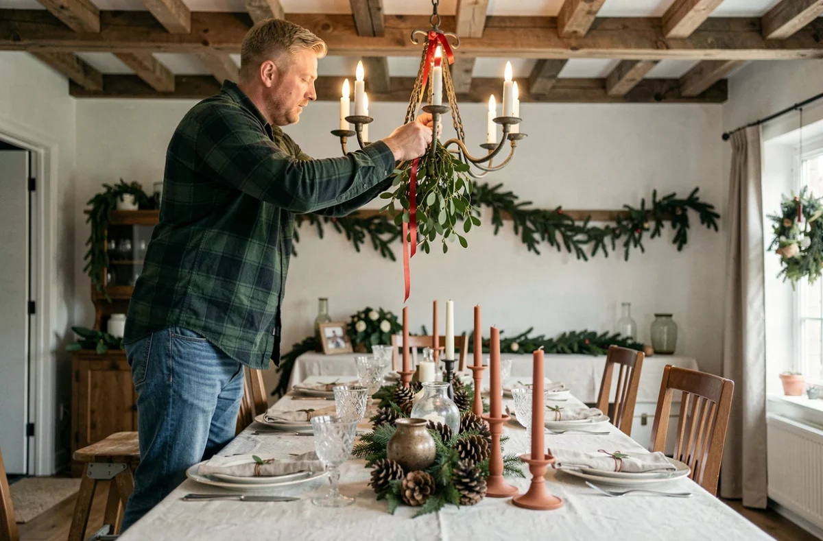 Homme accrochant du gui avec un ruban rouge au lustre au-dessus d'une table de fête dans une salle à manger rustique décorée pour Noël