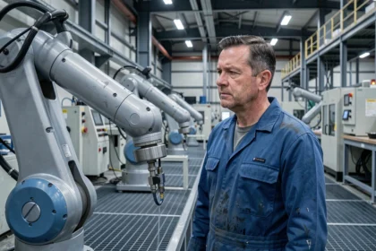 Ouvrier d'usine face à un bras robotique industriel, symbolisant le remplacement des emplois humains par l'intelligence artificielle
