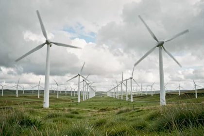 Parc éolien en Islande avec des dizaines d'éoliennes sur des collines verdoyantes, symbole des énergies renouvelables à 100%