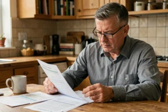 Père de famille consultant des documents fiscaux à la table de cuisine pour déduire le loyer de sa fille étudiante
