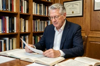 Chercheur universitaire en psychologie sociale assis à son bureau, évoquant le père de la théorie de l'équité