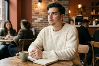 Personne androgyne pensive assise dans un café, illustrant la réflexion sur l'orientation sexuelle et l'identité gynosexuelle