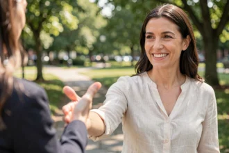 Femme souriante tendant la main en signe de réconciliation dans un parc urbain, illustrant une personnalité non rancunière