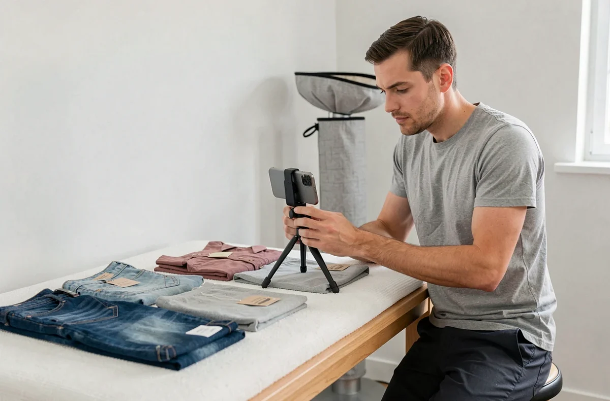 Homme photographiant des vêtements d'occasion pour les mettre en vente sur une application de revente
