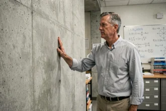 Physicien appuyant sa main sur un mur en béton dans un laboratoire universitaire entouré d'équations de mécanique quantique
