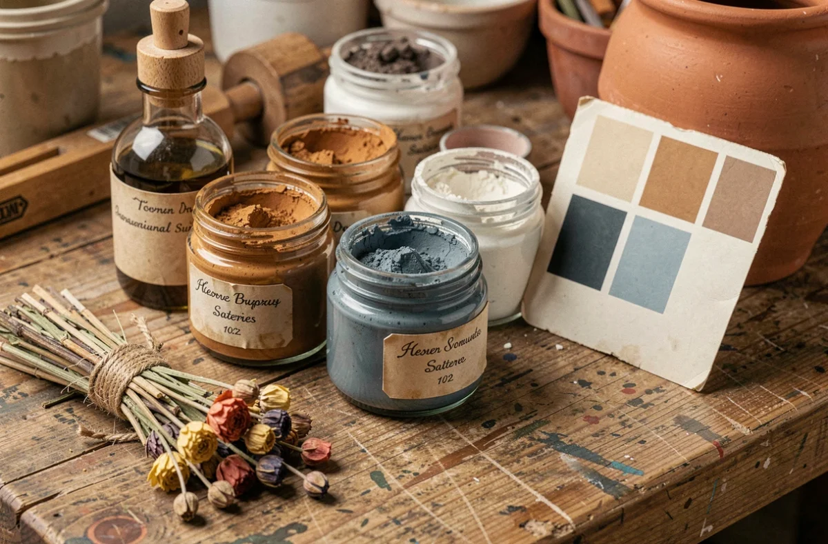 Assortiment de pigments naturels, huile de lin et échantillons de couleurs pour peinture écologique sur un établi en bois