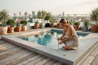 Piscine hors-sol rectangulaire installée sur une terrasse en béton moderne en milieu urbain, femme examinant la structure avec un mètre ruban