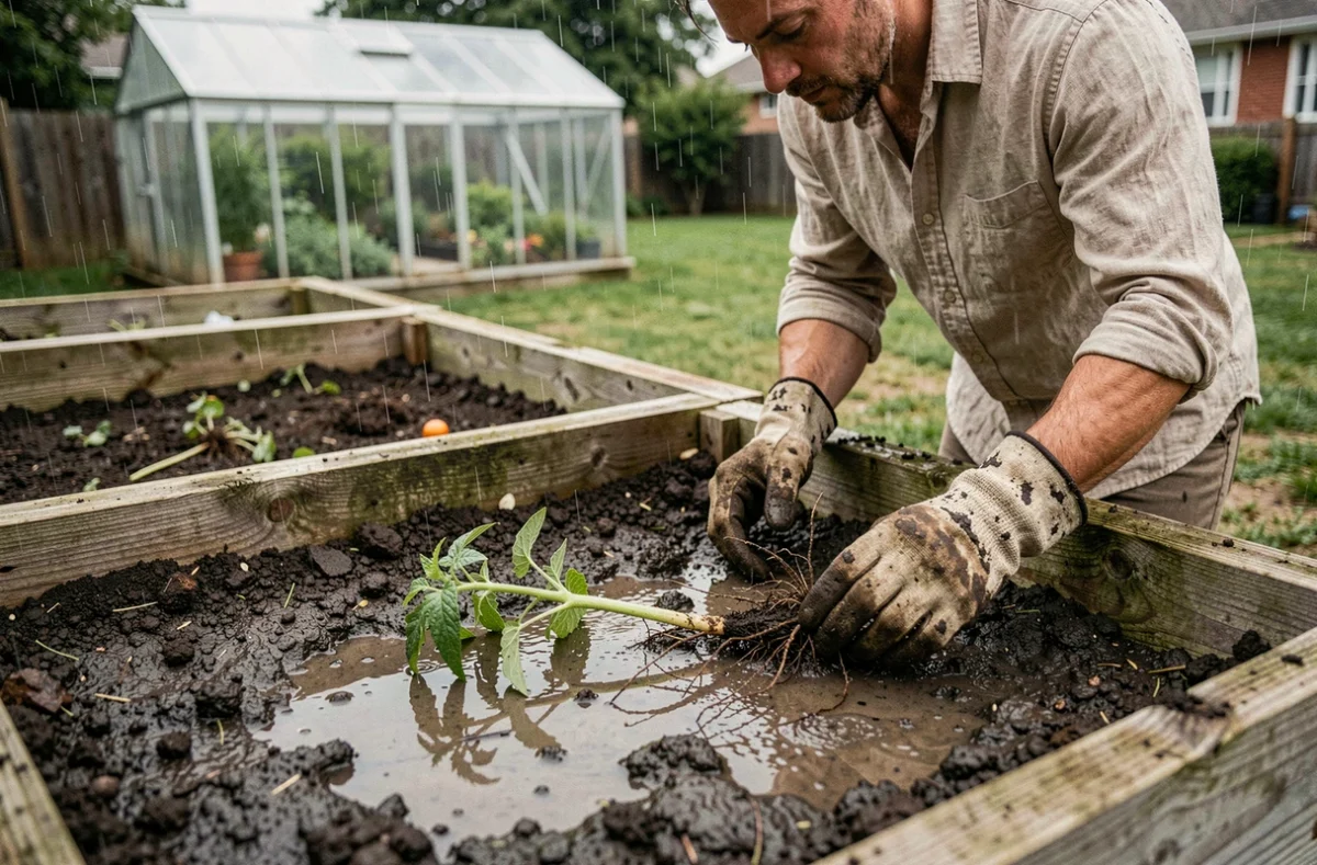 Homme observant un jeune plant de tomate déraciné dans un potager en carré sous la pluie