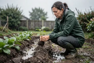 Femme en bottes en caoutchouc tenant un plant dans un jardin potager détrempé sous la pluie