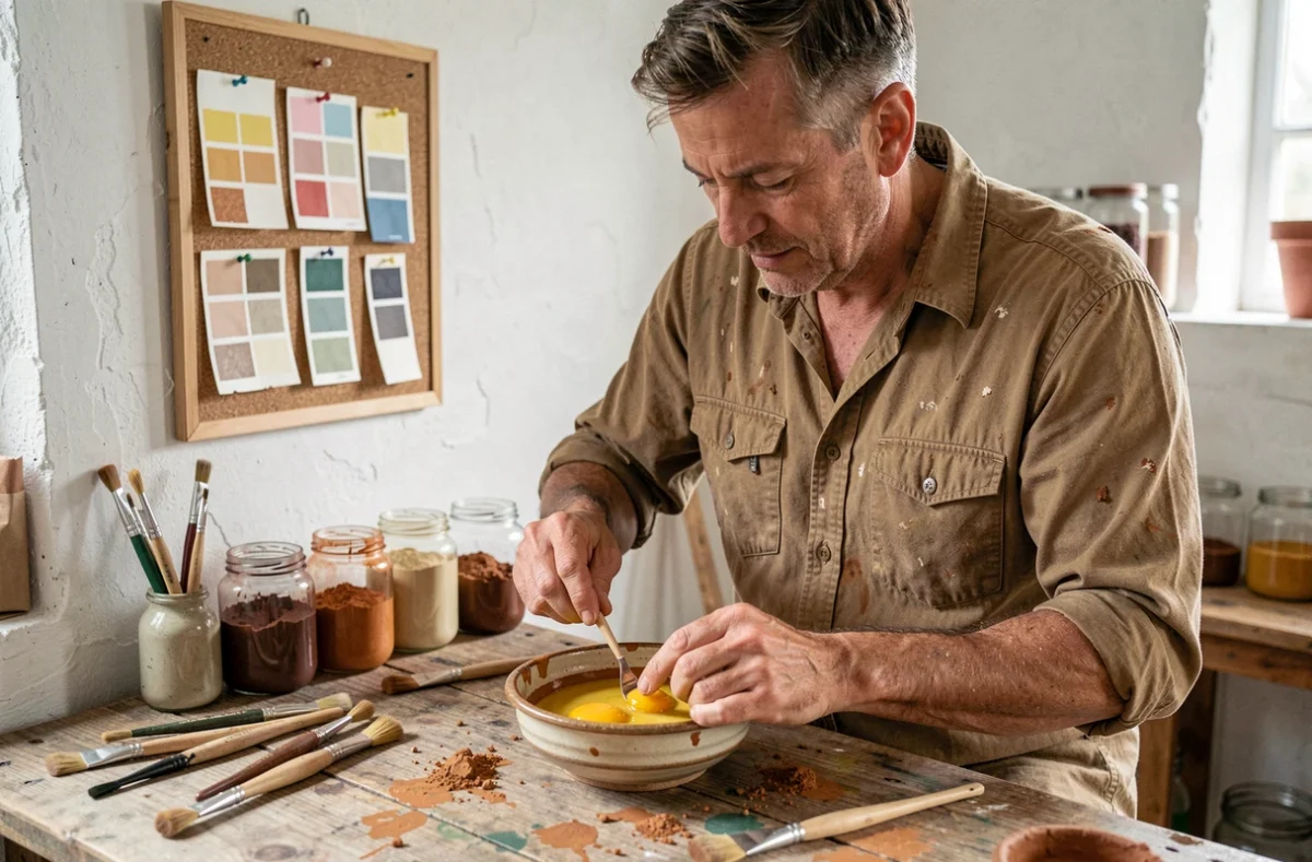 Homme mélangeant de la tempera à l'œuf et des pigments d'argile naturels dans un atelier artisanal fait maison