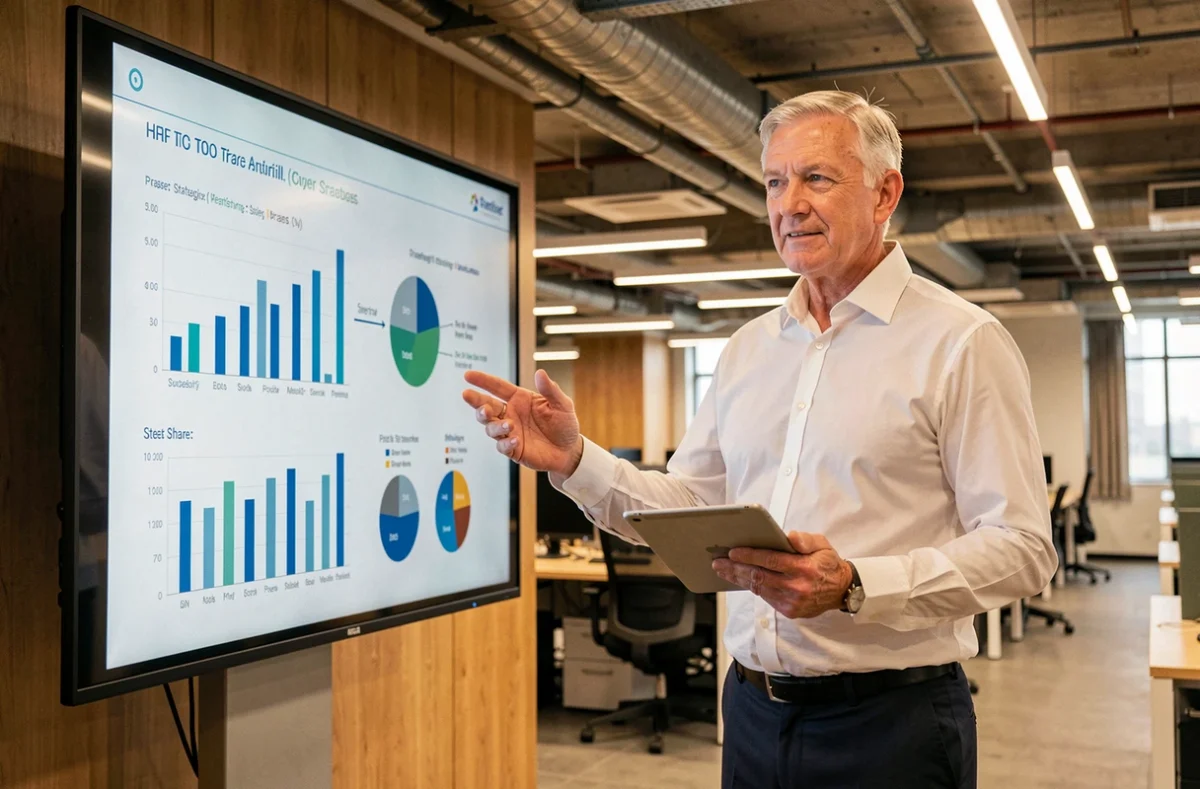 Cadre supérieur présentant une stratégie d'entreprise avec des graphiques et des données devant ses équipes