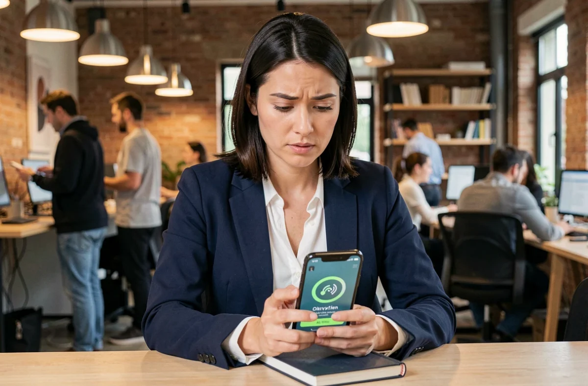 Femme préoccupée par une déconnexion VPN dans un espace de coworking