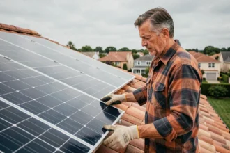Propriétaire inspectant des panneaux solaires installés sur le toit de sa maison individuelle en zone résidentielle
