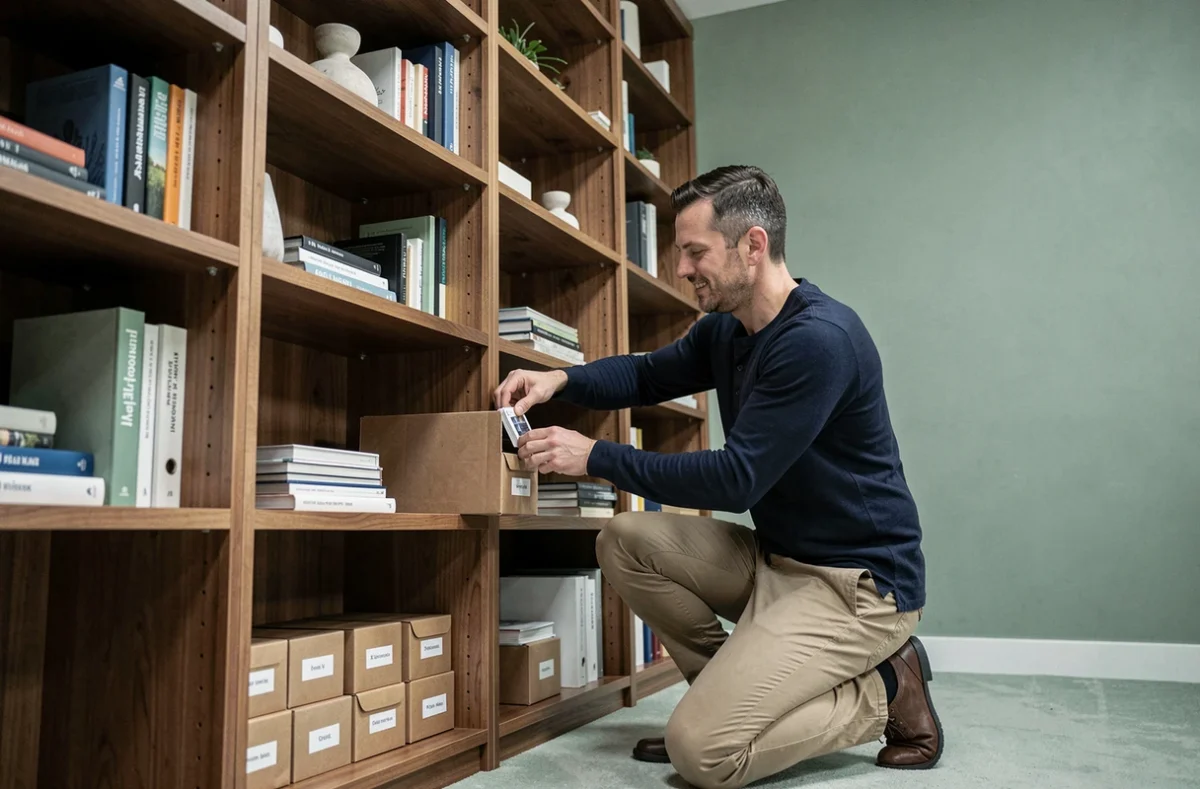 Homme qui range des boîtes de rangement étiquetées dans une grande bibliothèque intégrée pour optimiser l'espace