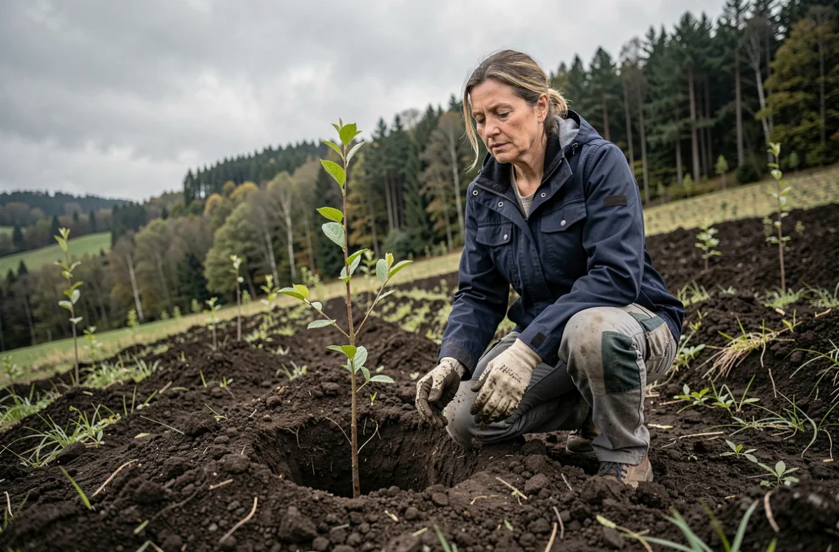 Femme plantant un arbre dans une zone de reforestation dans le cadre d'une démarche de développement durable