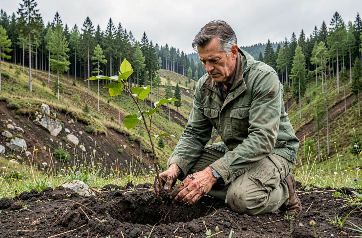 Homme plantant un jeune arbre dans une zone de reforestation pour favoriser le développement durable