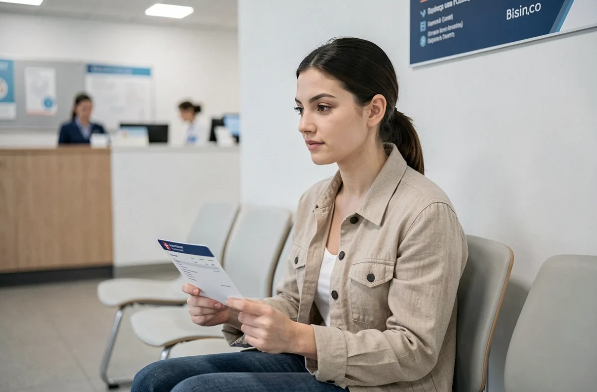 Jeune femme en salle d'attente d'un cabinet médical tenant sa carte Vitale pour un remboursement de psychothérapie