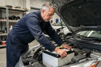 Technicien automobile remplaçant une batterie hybride dans un atelier professionnel