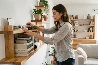 Femme qui réorganise des livres et objets sur une étagère murale en bois pour gagner de la place