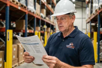 Responsable sécurité en entrepôt industriel consultant un document de conformité OHSAS 18001 ou ISO 45001