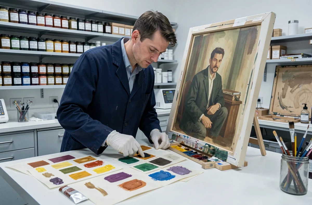 Restaurateur d'art comparant des échantillons de peinture professionnelle dans un laboratoire de conservation muséale