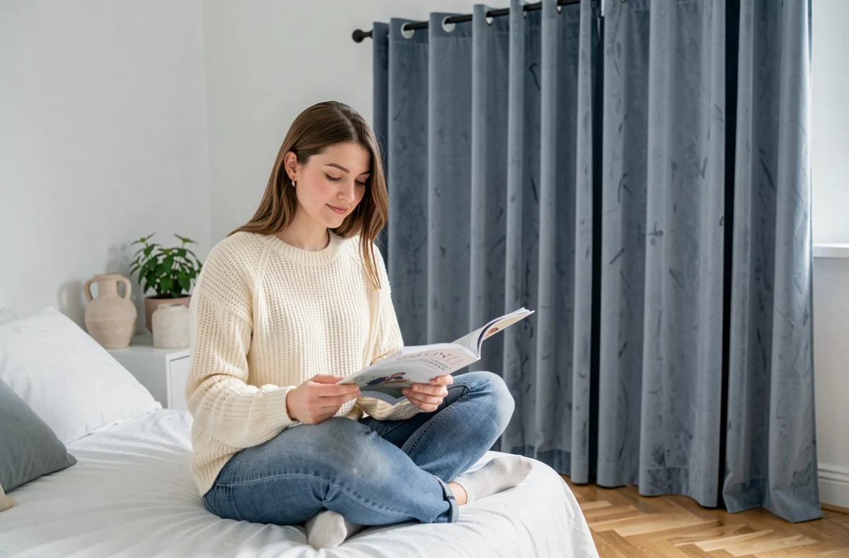 Femme lisant dans une chambre scandinave avec rideaux en velours bleu poudré et parquet en chêne clair