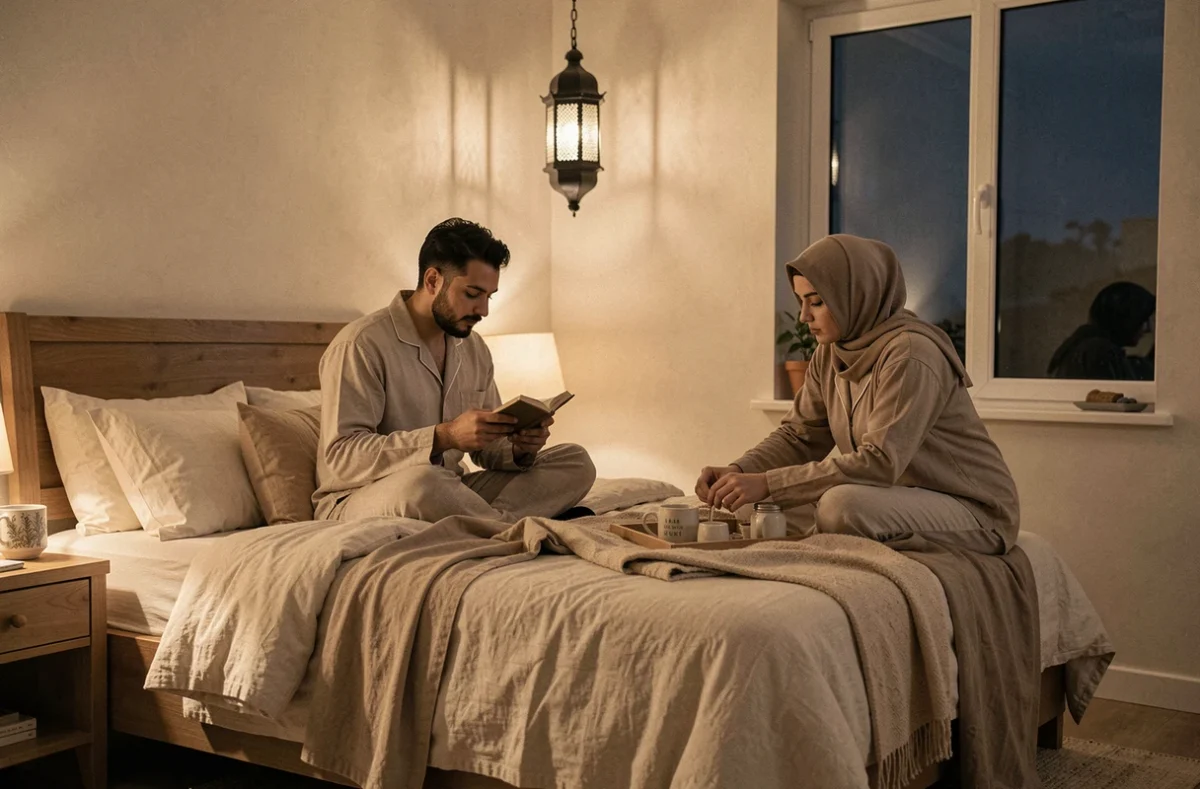 Couple musulman partageant une routine apaisante du soir dans leur chambre conjugale, vie maritale en Islam