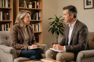 Séance de psychothérapie remboursée par la Sécurité sociale, patient et thérapeute en consultation