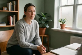 Femme en séance de thérapie psychologique dans un cabinet calme et minimaliste, explorant les meilleures approches contre le stress