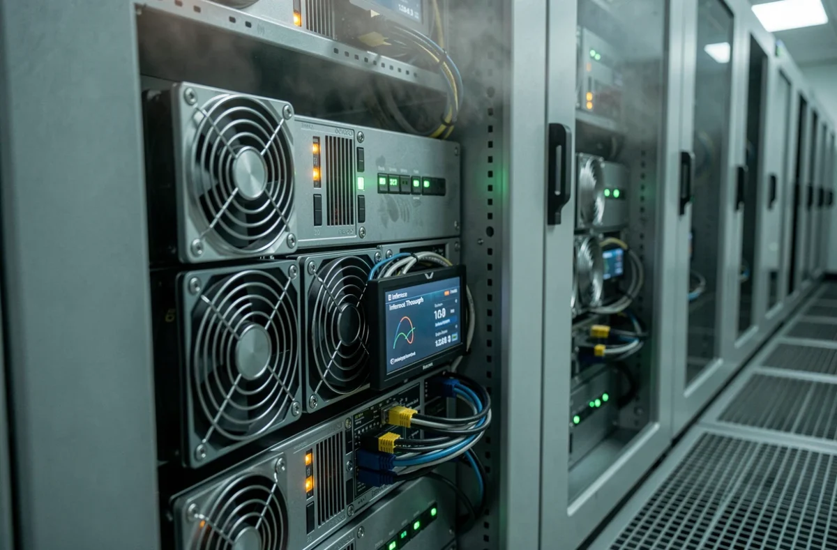 Serveurs GPU en rack dans un centre de données hébergeant un serveur LLM avec métriques d'inférence affichées