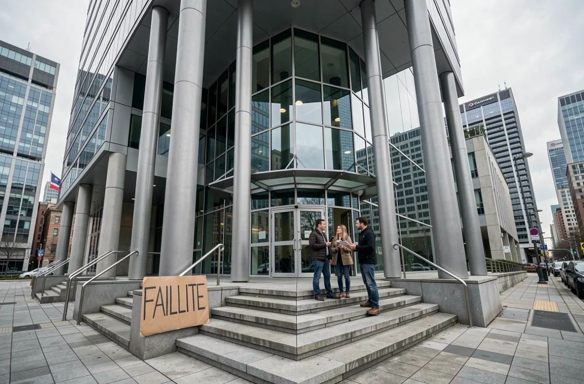 Siège social d'une grande banque moderne avec panneau de faillite à l'entrée, groupe de personnes inquiètes sur les marches, quartier financier urbain sous ciel couvert illustrant la crise bancaire 2026