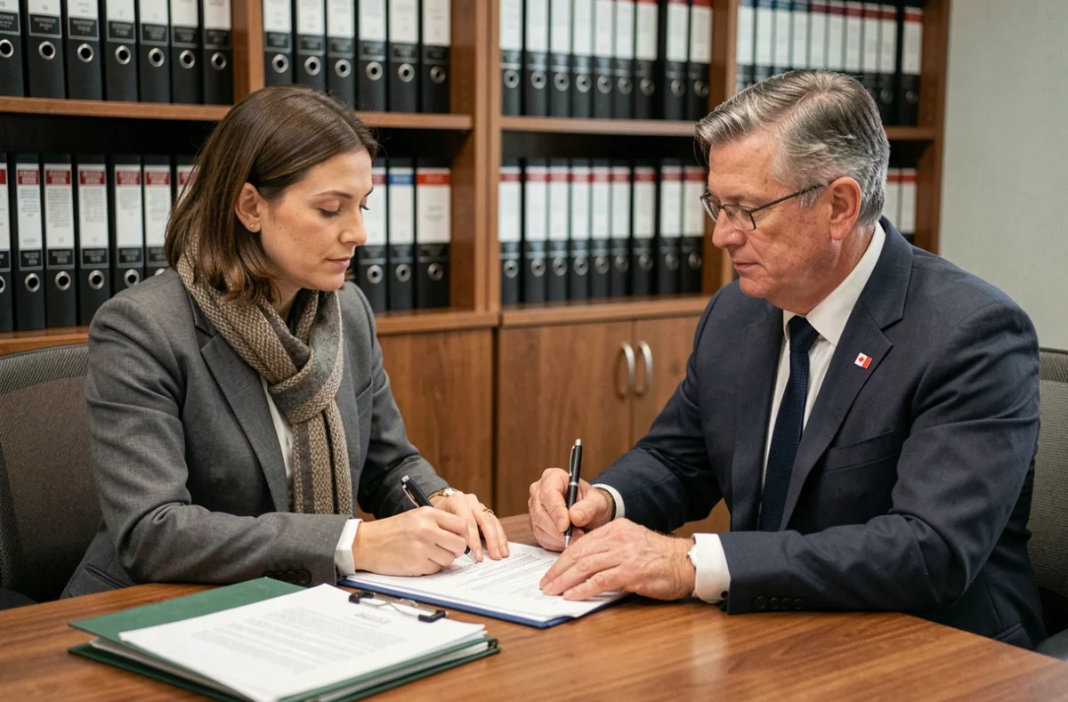 Femme française signant des documents immobiliers avec un notaire canadien dans un bureau professionnel