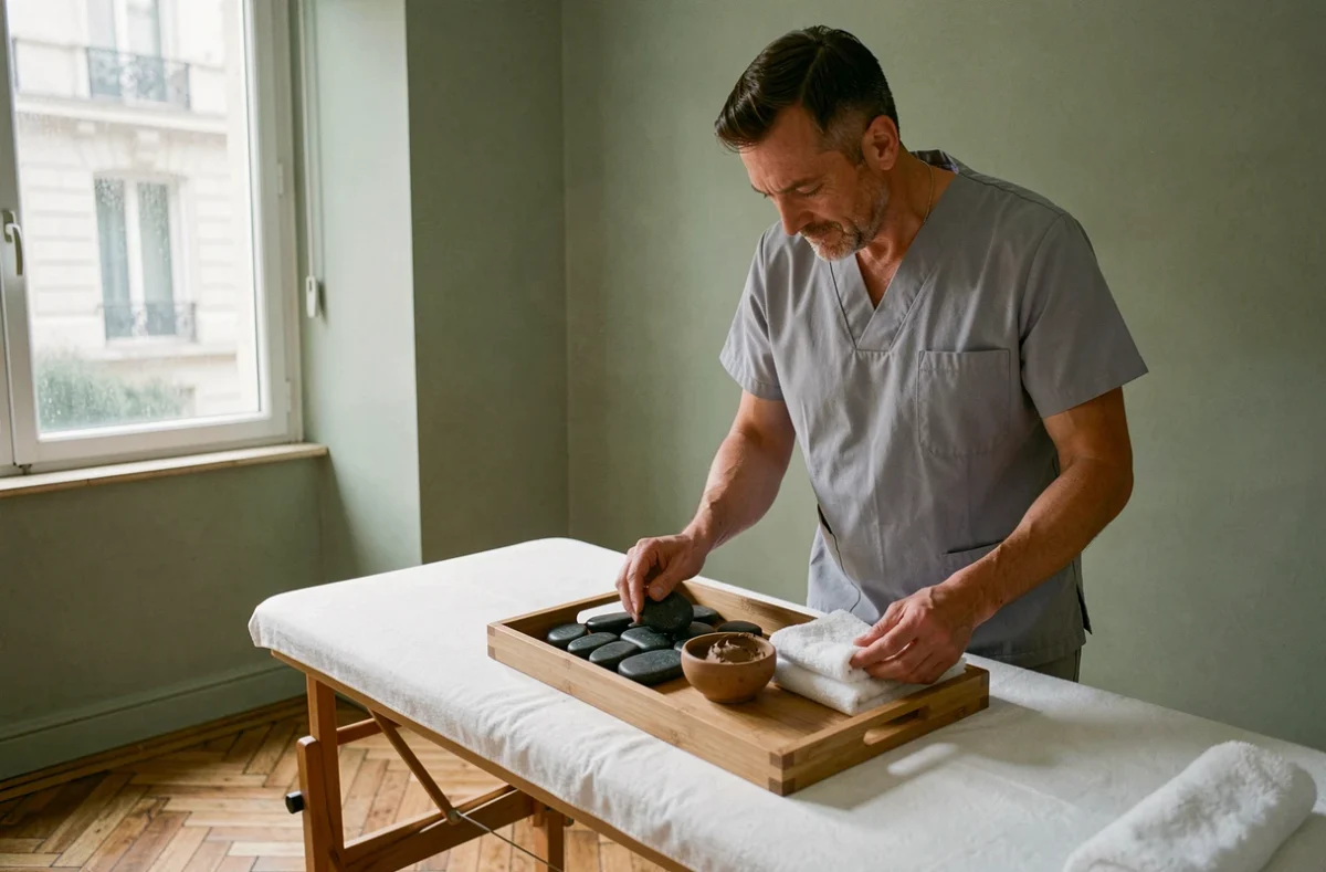 Thérapeute préparant les soins dans une salle de traitement d'un spa parisien avec parquet et décor haussmannien