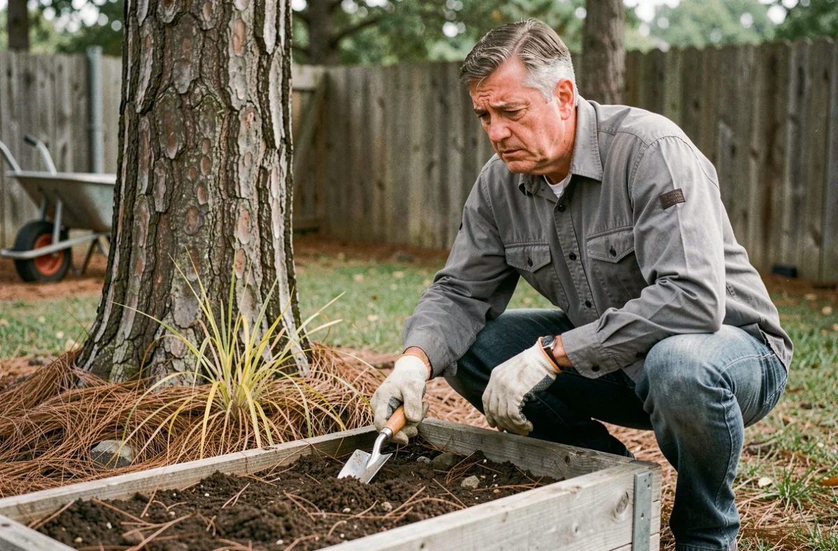 Homme inspectant le sol acide sous un pin dans son jardin avec des zones de gazon jauni