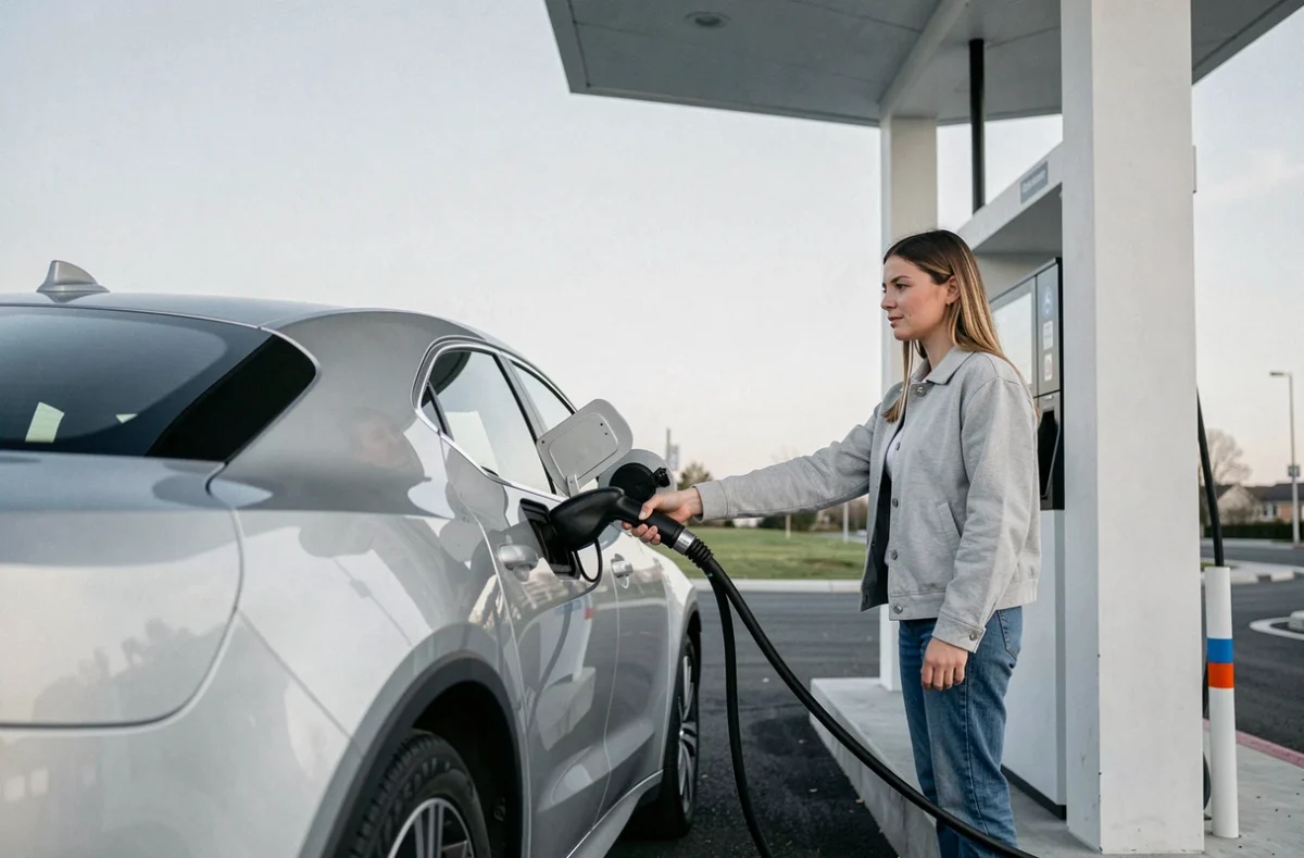 Femme ravitaillant un véhicule à hydrogène dans une station de recharge hydrogène peu commune en zone périurbaine