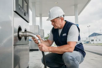 Ingénieur inspectant une borne de recharge hydrogène pour véhicule propre dans une station moderne
