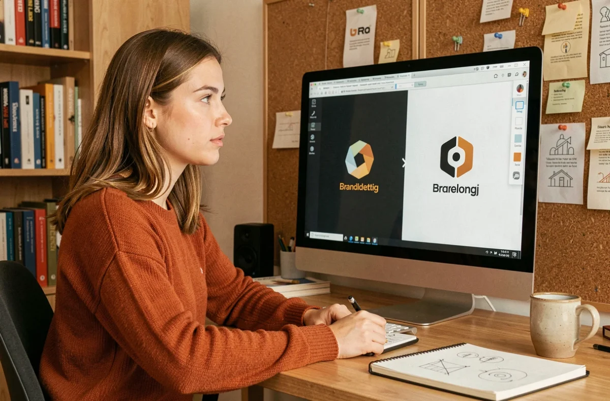 Une professionnelle du marketing travaillant sur une stratégie de co-branding devant un écran affichant deux identités de marque fusionnées