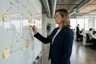 Femme cadre analysant des diagrammes de stratégie d'entreprise sur un tableau blanc dans un bureau moderne