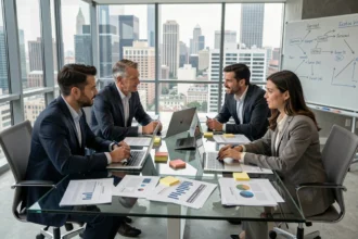 Dirigeants d'entreprise réunis en salle de conférence pour définir une stratégie d'entreprise
