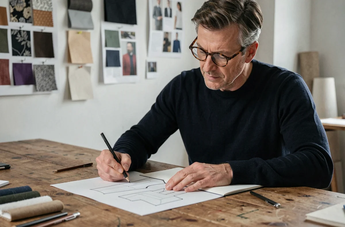Styliste masculin dessinant des silhouettes de mode dans un atelier de création