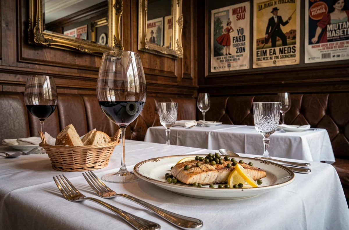 Table gastronomique dressée dans une brasserie parisienne classique avec plat de sole meunière et vin de Bourgogne