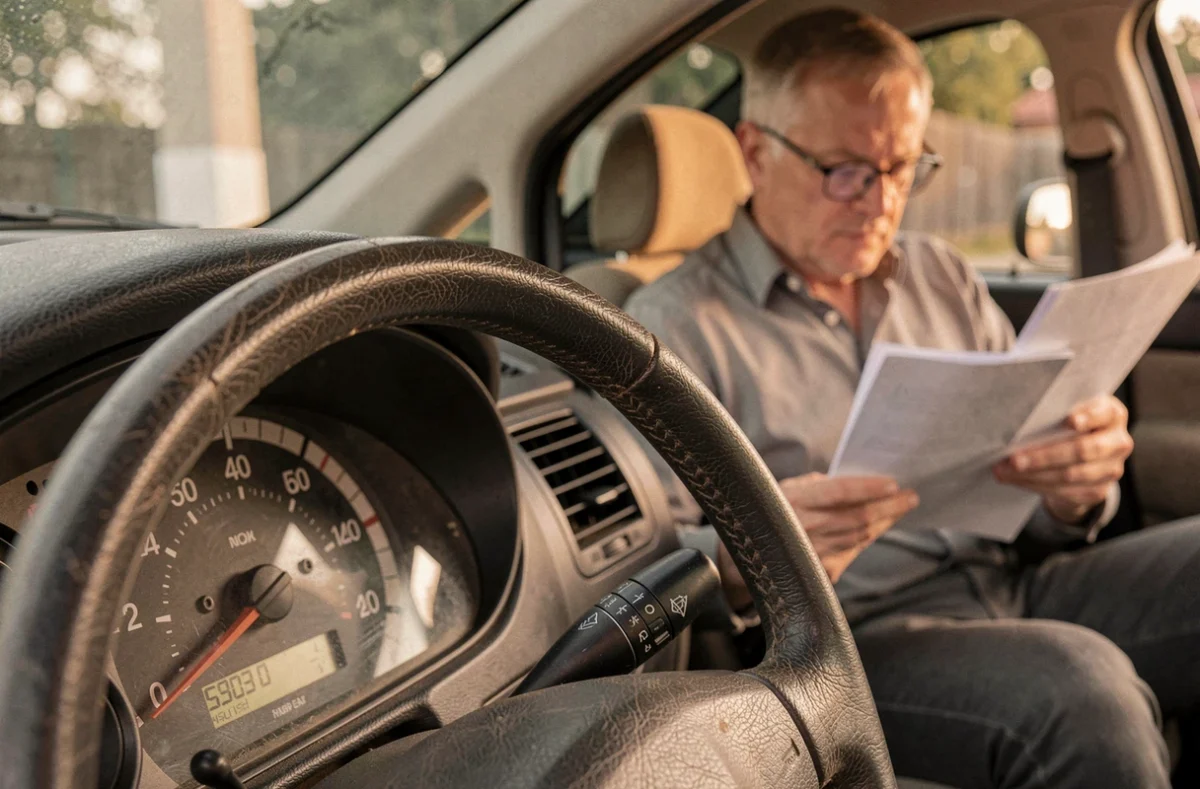 Gros plan sur le tableau de bord et le compteur kilométrique d'une voiture d'occasion lors d'un achat