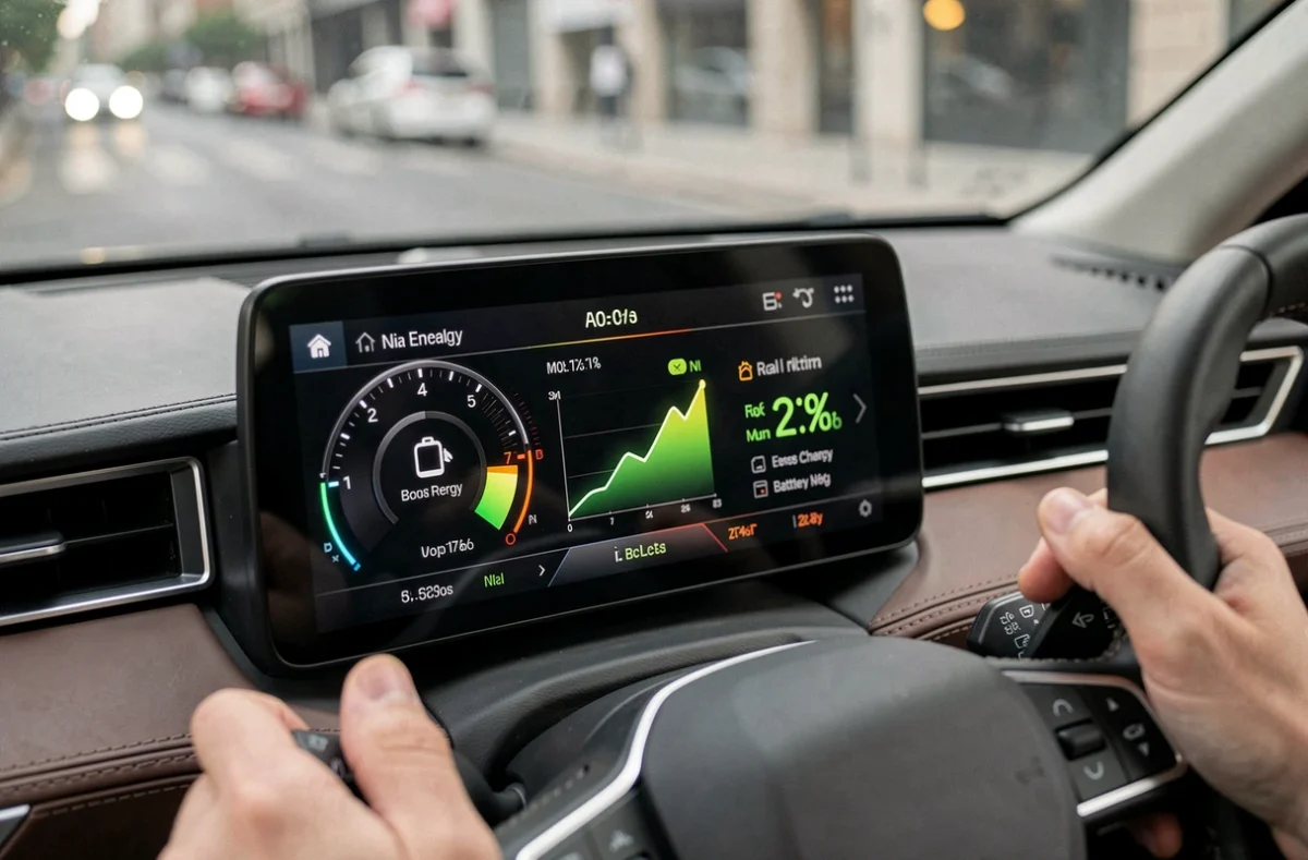Tableau de bord d'une voiture électrique affichant la récupération d'énergie en temps réel pendant la conduite