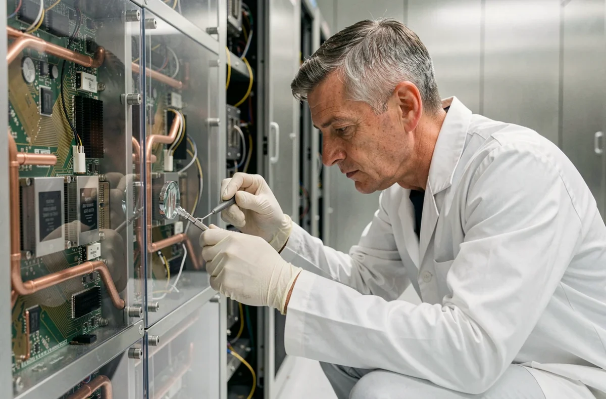 Technicien inspectant de près les composants d'un supercalculateur haute performance