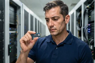 Technicien informatique tenant un SSD NVMe dans une salle de serveurs, illustrant les types de stockage rapide