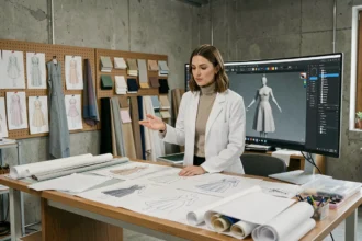Designer de mode utilisant un logiciel de modélisation 3D pour concevoir une robe sur écran numérique dans un studio moderne