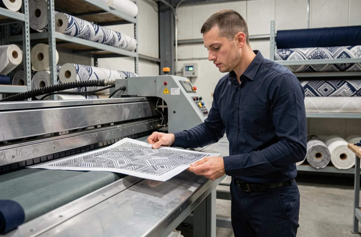 Technicien opérant une machine de découpe laser textile dans un atelier de fabrication de mode industrielle