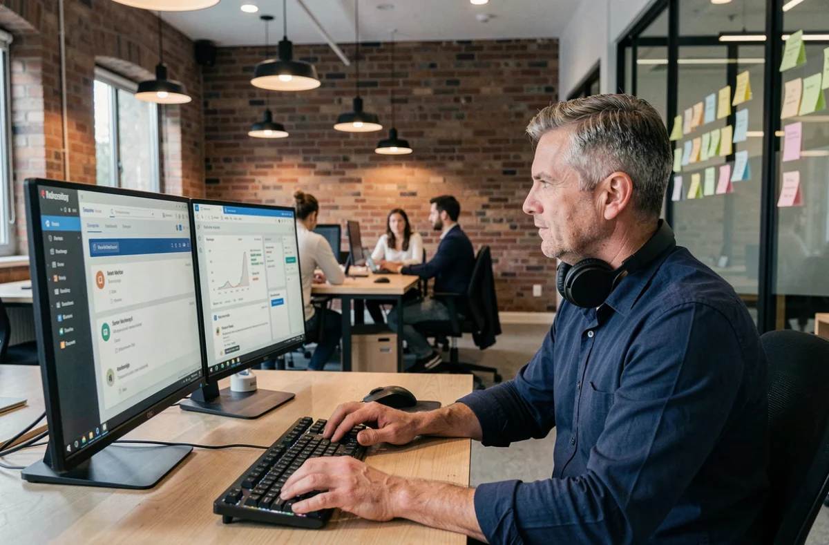 Travailleur à distance dans un espace de coworking moderne avec double écran et casque audio