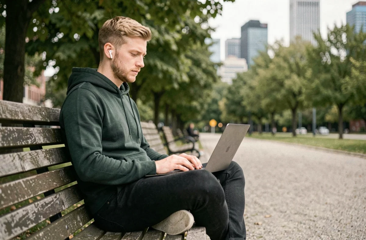 Jeune professionnel en télétravail à l'extérieur dans un parc urbain avec ordinateur portable
